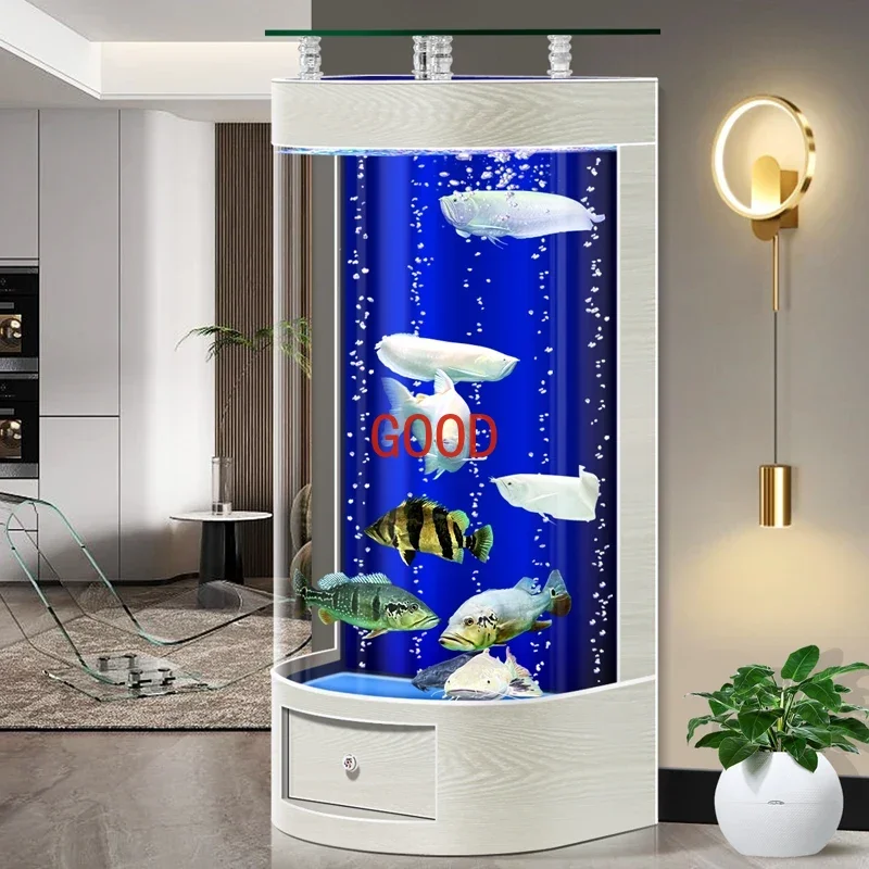 Vertical Fish Tank Floor Living Room TV Cabinet next to Semicircle Light Luxury Ecological Fish Globe