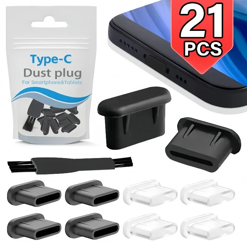 Silicone Type-C Dust Plug Anti-dust Caps USB C Charging Port Protector Cap with Cleaning Brush for IPhone Samsung Xiaomi Huawei.