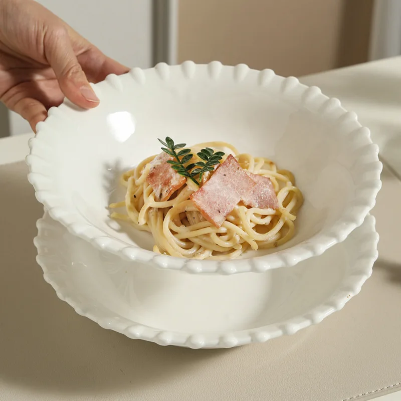 

Утолщенная керамическая чистая белая кружевная тарелка для макарон, тарелка для супа в отеле, ресторане, тарелка для салата, бытовая посуда
