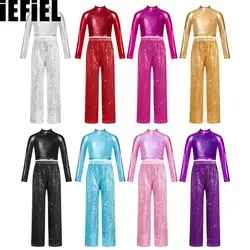 Kids Girls Sequins Dance Sets Sparkly Costume Mock Neck Long Sleeve Crop Top with High Waist Wide-Leg Pants