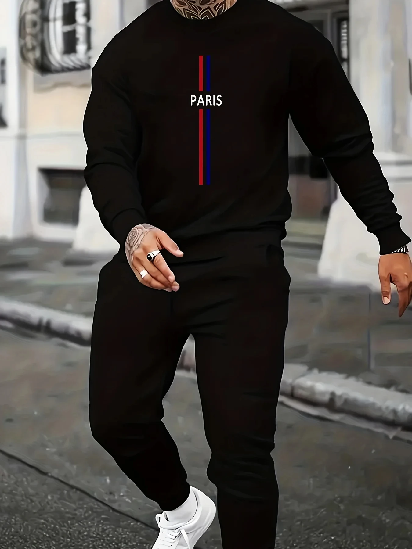 

Мужская осенне-зимняя модная повседневная свободная и плюшевая толстая толстовка с круглым вырезом и принтом Paris + комплект спортивных штанов