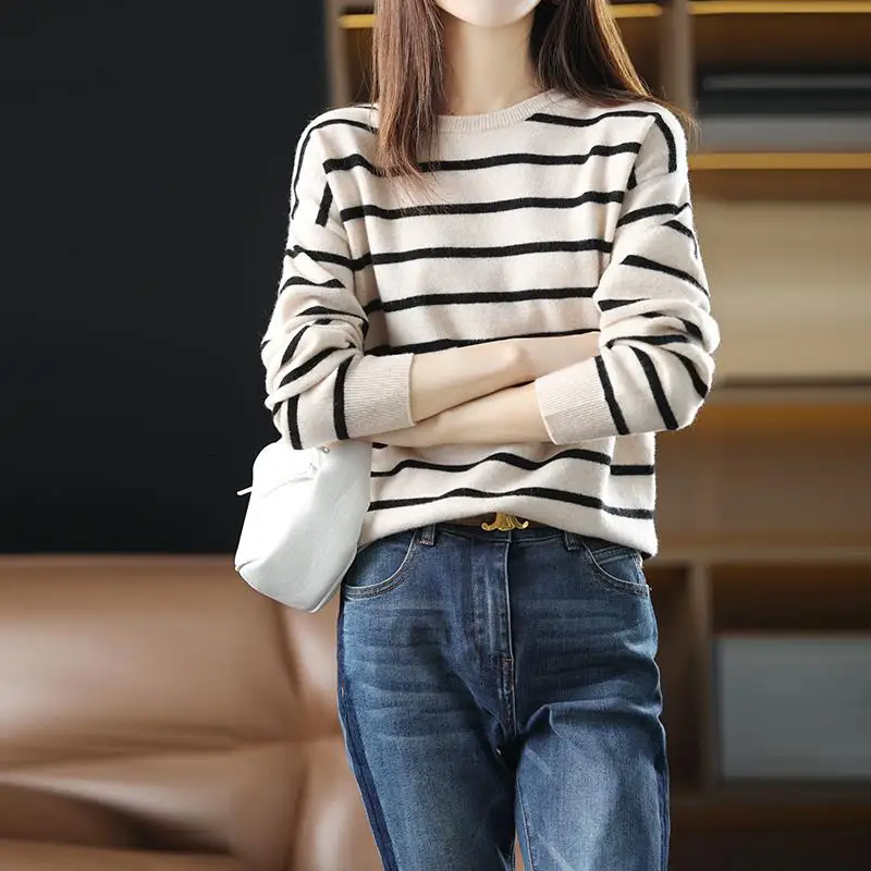 

Свободный крой, женский свитер Camere, осенне-зимний длинный вязаный круглый топ в полоску с рисунком