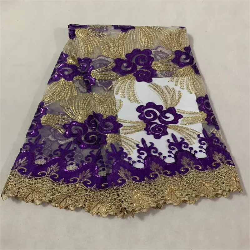 Purple  High Quality African Lace Fabric With Sequins African Embroidery Guipure Lace Fabric For Nigerian Net Lace Women Dress