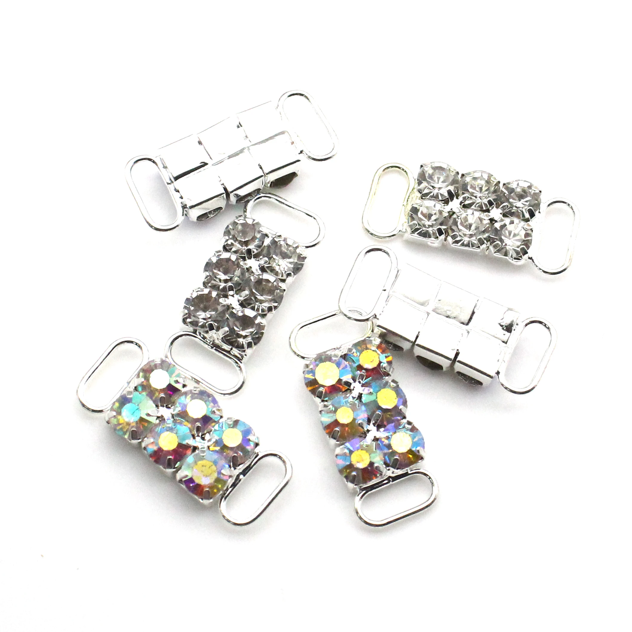 Double‑Loop Crystal Rhinestone Linker 1.1x3cm 20 Pieces Silver‑Tone Connector Buckle For Lingerie Garment Decoration