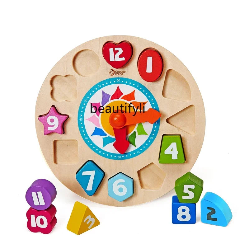 

Children's building block clock 3-6 years old baby cognitive time educational toys teaching aids wooden clock