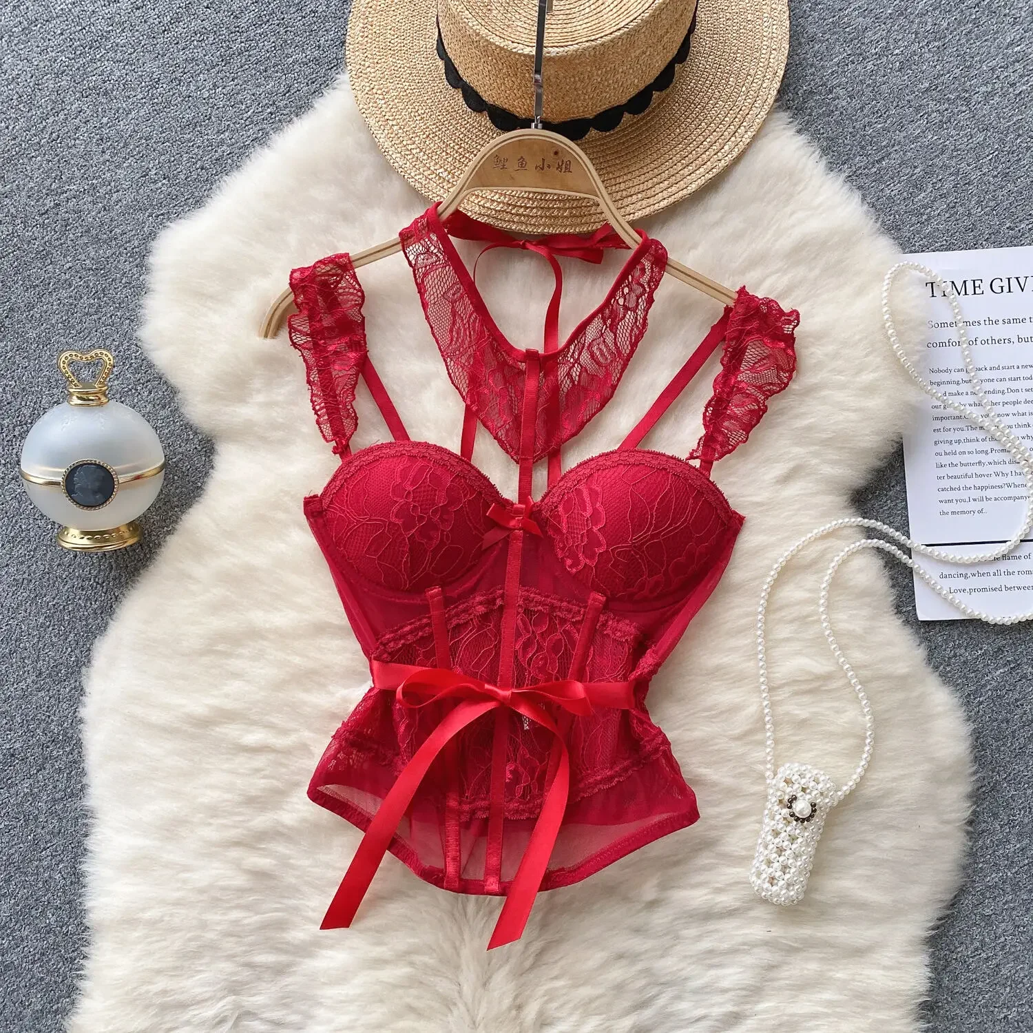 Fashion Street Red Strap Bra Vest Women's Mesh Lace Waist Strap Black Short Vest Top Girl Ins Trendy Cut Pink Bra Bustier Corset