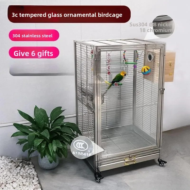 

304 Stainless Steel Luxury Villa Bird Cage Transparent Glass Large Parrot Cage Breeding Cage Household