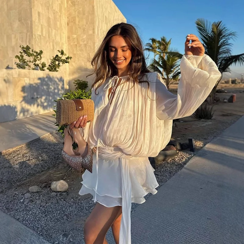 Элегантное мини-платье с длинными рукавами и рюшами для женщин, роскошное короткое платье на шнуровке в стиле блузки, винтажное шикарное Verstido с шортами, комплекты