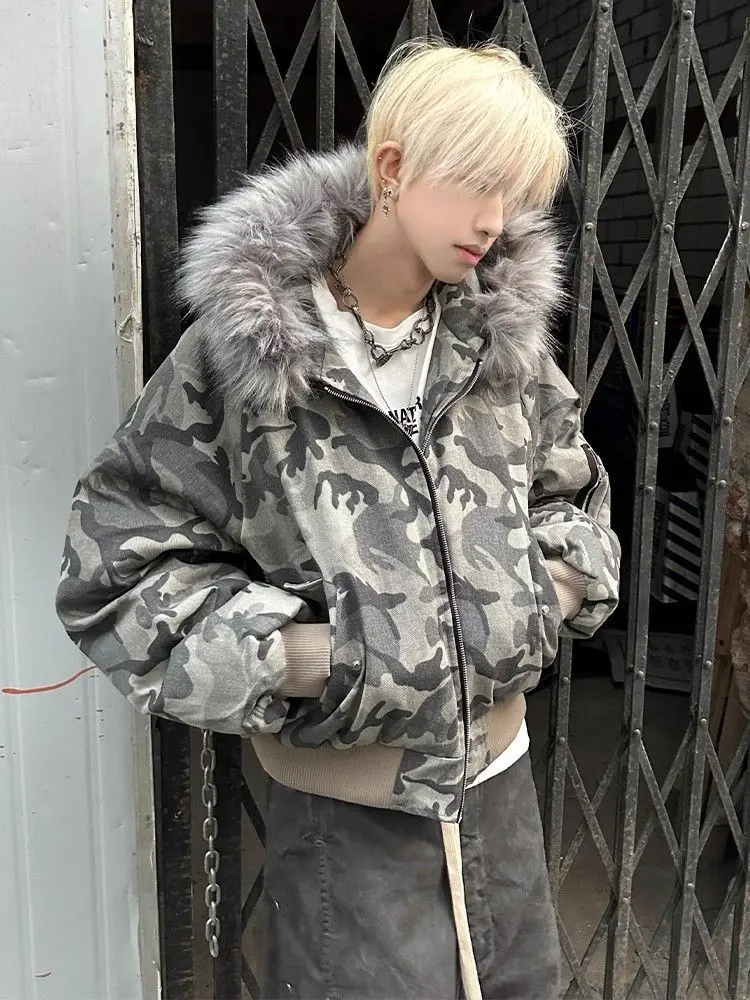 Men Winter Faux Fur Hooded Short Parka Jacket Thick Padded Solid & Camouflage Retro Aesthetic Casual Daily Street Winter Coat