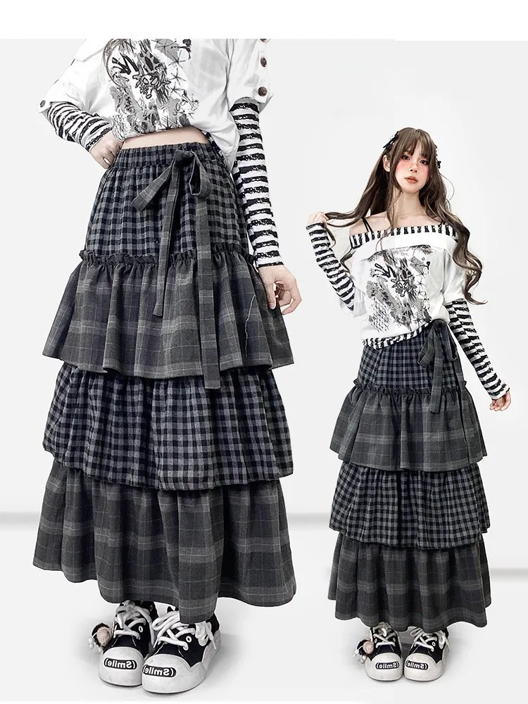 Japanese Dark Gray Layered Patchwork Plaid Maxi Skirt E-girl Grunge Aesthetic High-Waisted Cake Skirt Punk Gothic Hip Hop Dress