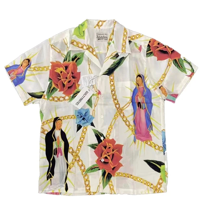 AI Trend WACKO MARIA Flower Chain Character Hawaii Short Sleeve Shirt Loose Casual Mens Womens High-end Colorblocking Shirt Tops