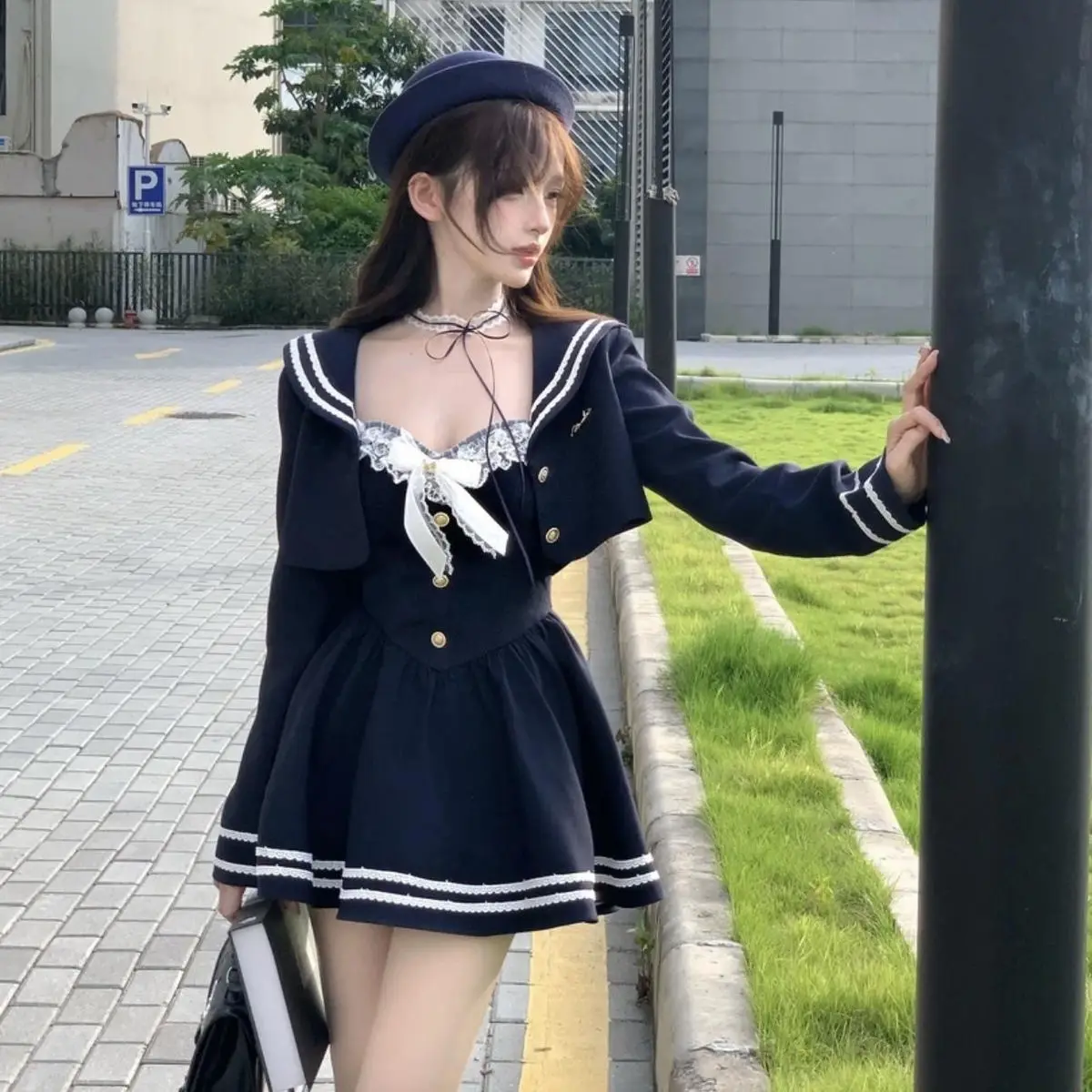 

NONSAR Sweet College Темно-синие короткие куртки с воротником Y2k Тонкий комплект мини-платья без бретелек с бантом Женский осенний костюм из двух предметов в корейском стиле