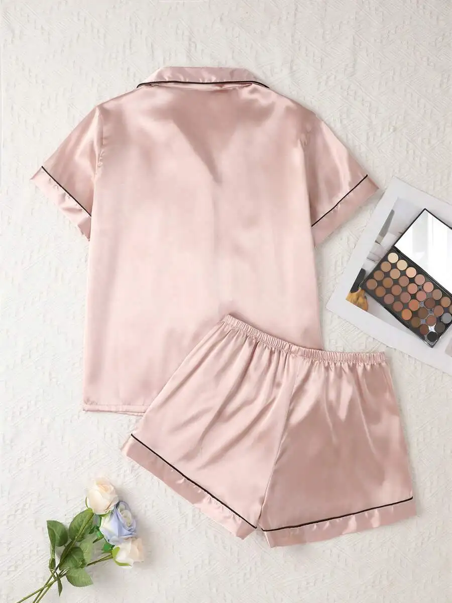 

Elegant Women Champagne Solid Silk Pajama Set Short Sleeve Button Collar Top And Pants Soft Satin Sleepwear