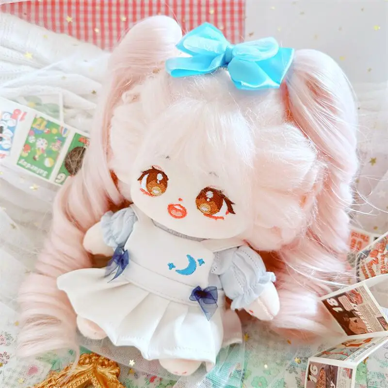 20cm Kawaii Pink Hair Girls Plush Doll Cute Blue White Moon Dress Suit 3Pcs DIY Clothes Accessory Anime Stuffed Cotton Dolls Toy