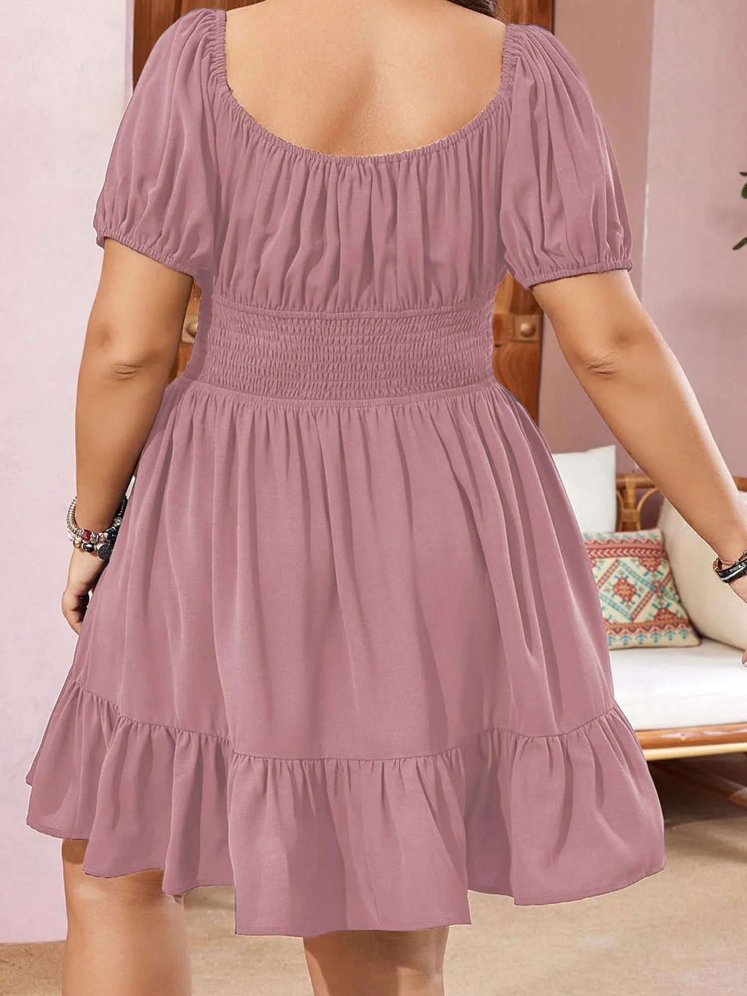 

Women s Ruffled Short Dress Bow Solid Color Short Sleeve Square Neck Plus Size Flowy Dress