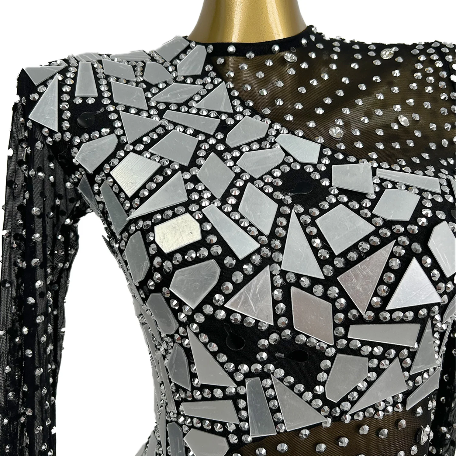 Sexy Women Black See Through Mesh Bodysuit Sparkly Rhinestone Mirrors Tight Fitting Catsuit Club Party Event Show Wear Shanfeng