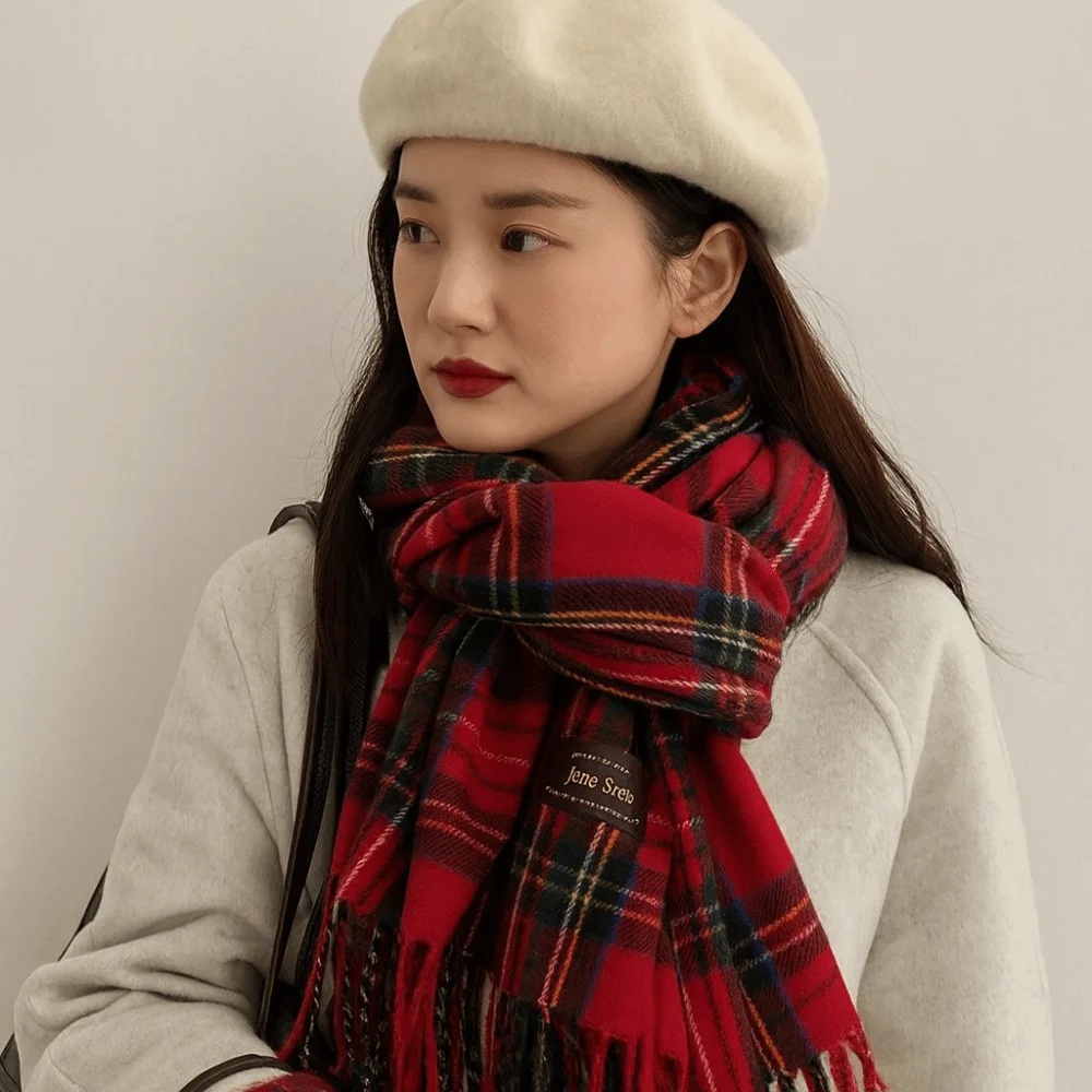 

Утолщенный милый клетчатый шерстяной шарф с кисточками, красная длинная шаль, однотонная новогодняя накидка, рождественская накидка