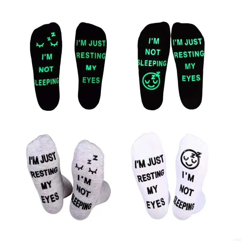 

P88B Not Sleep Just Resting Eyes Funny Socks with Glowing Men Women Novelty Letter Printed Cotton Socks Gifts for Dad Husband