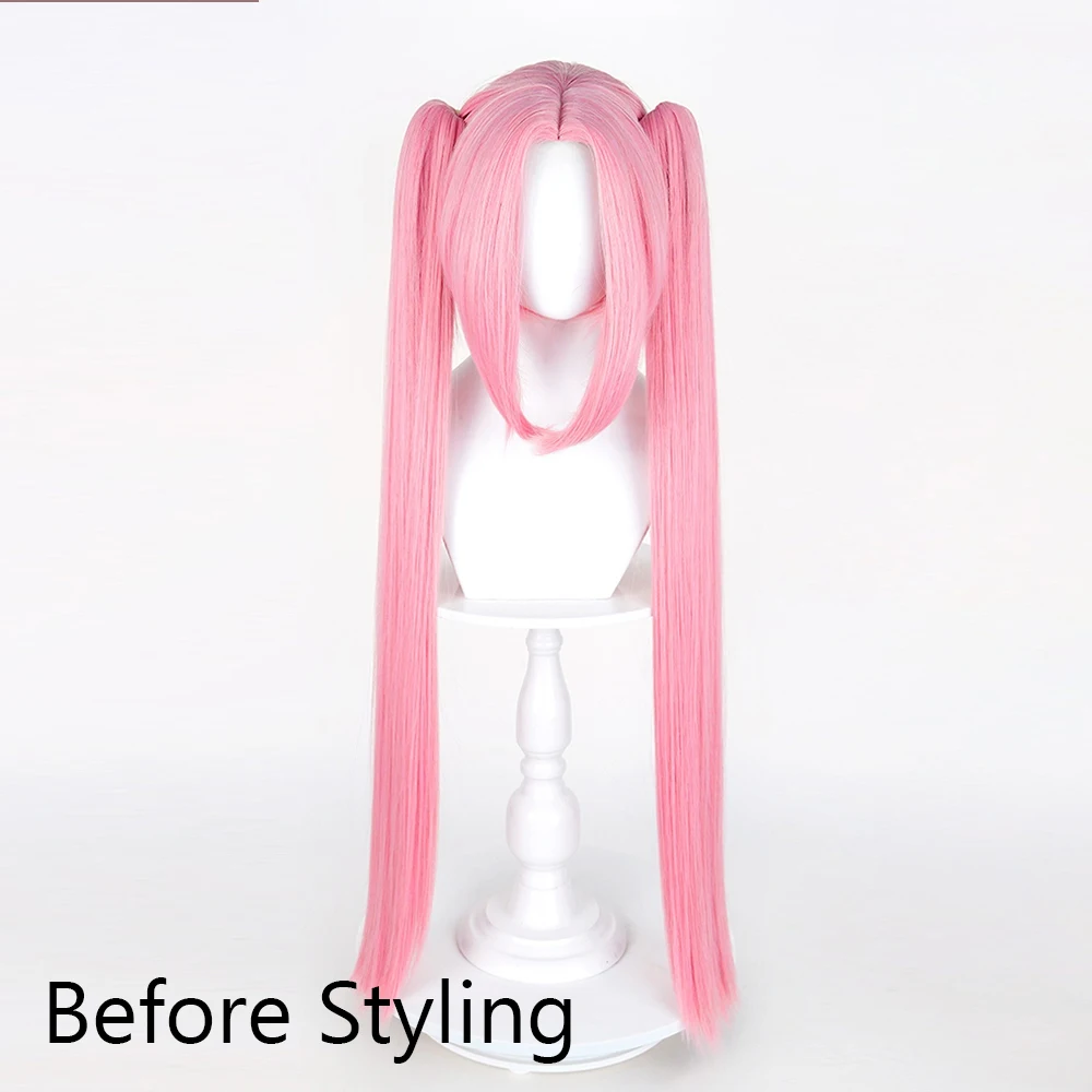 Picture 4: Pink Synthetic Long Straight Wig with Double Ponytail Clip Middle Part Anime Game Cosplay Heat Resistant Wig for Daily Party