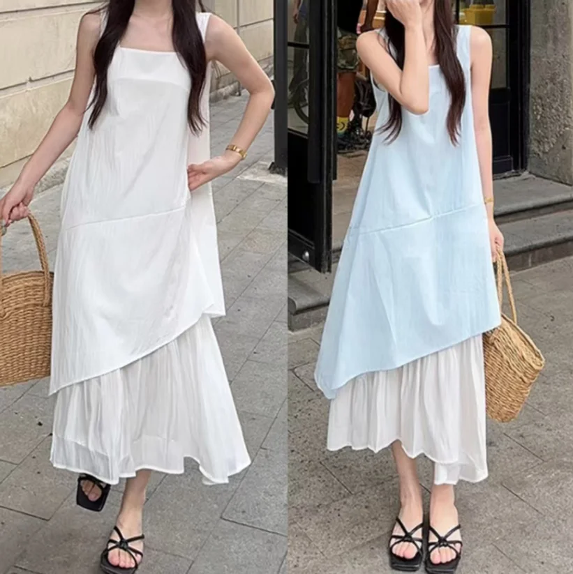 

New women's summer blue/white vest dress with French loose design, medium to long irregular color blocked suspender dress