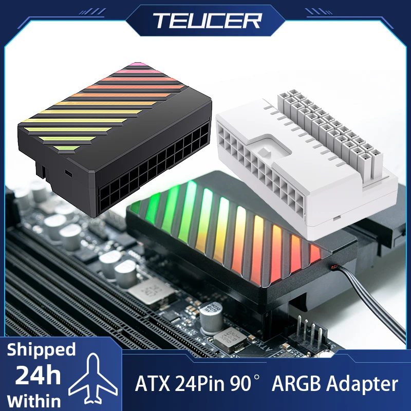 TEUCER ATX 24Pin 90 Degree Power Plug Adapter 5V 3 Pin ARGB  Motherboard Power Connector Aura Sync for Desktop PC Power Supply