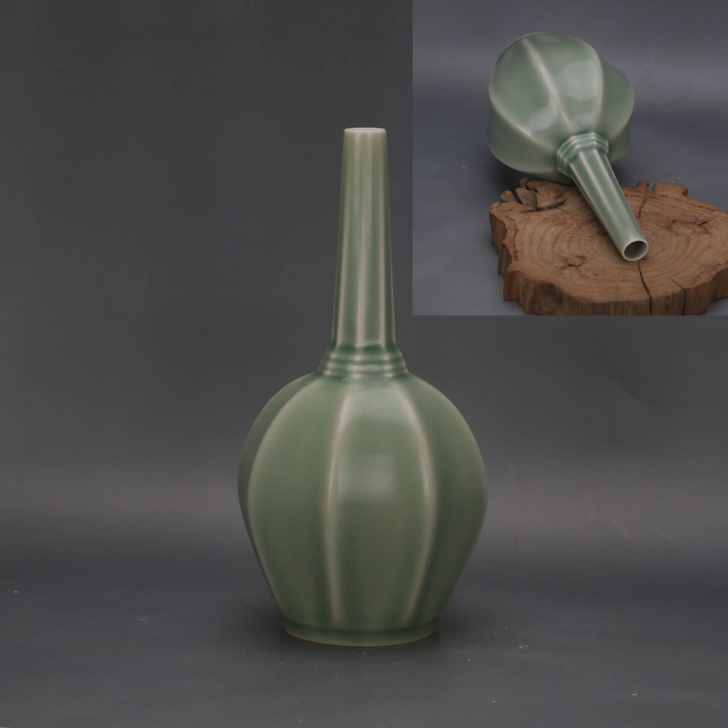 Chinese Song Dynasty Yue Kiln Celadon Glaze Melon Ribbed Vase Antique Style Porcelain Home Decor