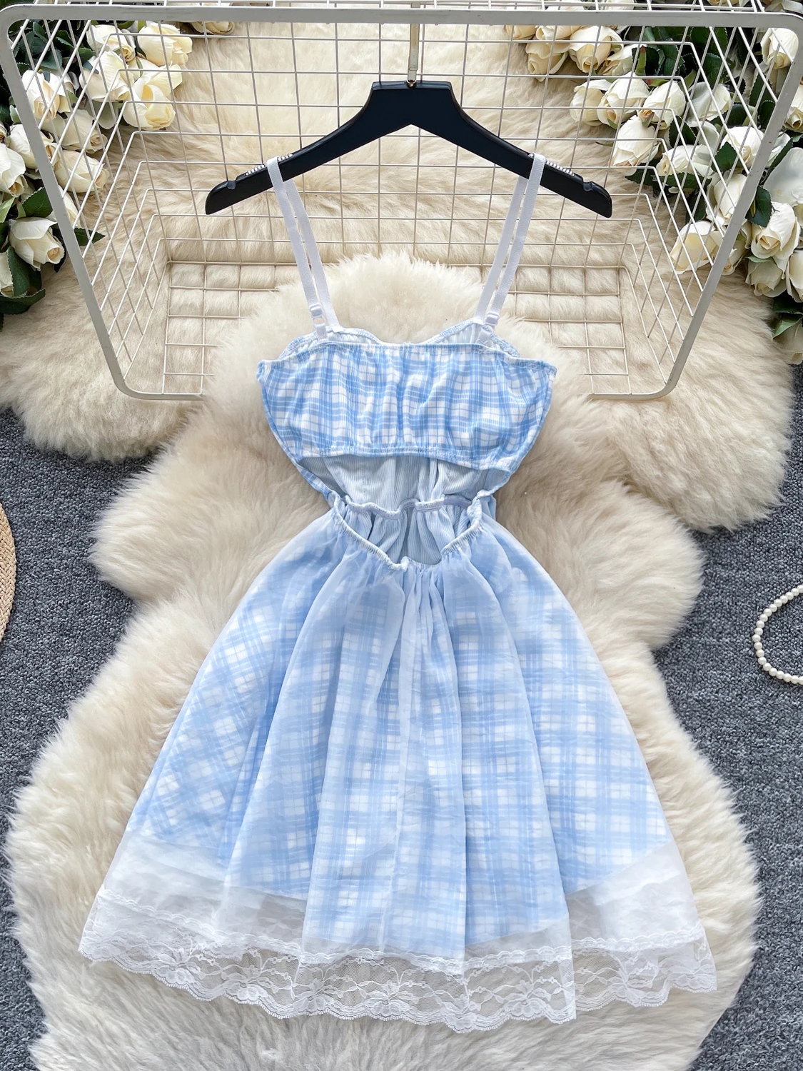 ドーパミン純粋な欲望チェック柄ストラップレスレース背中の開いたサマードレス女性のメッシュスカートハイウエスト A ラインショートドレス韓国スタイル