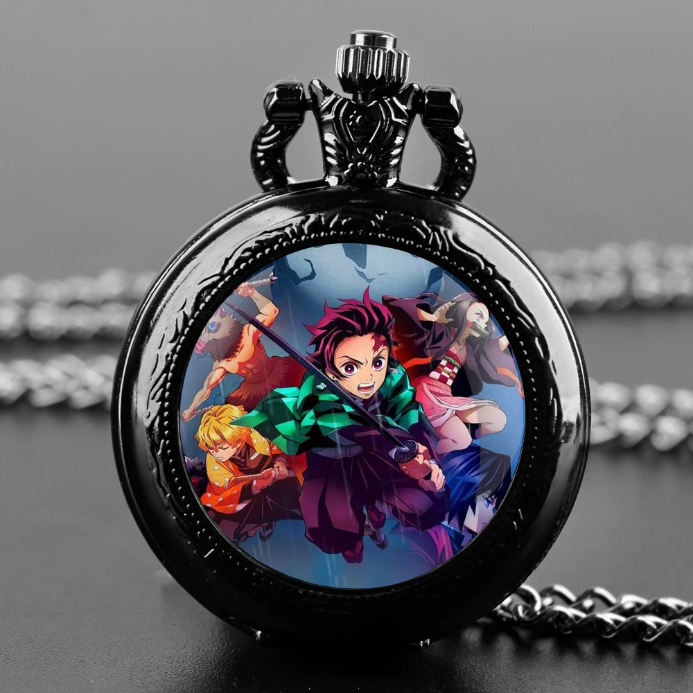 Demon Slayer Unique Gifts Vintage Arabic Numerals Quartz Pocket Watch Necklace Pendant Clock Chain Mens Women Halloween Gift