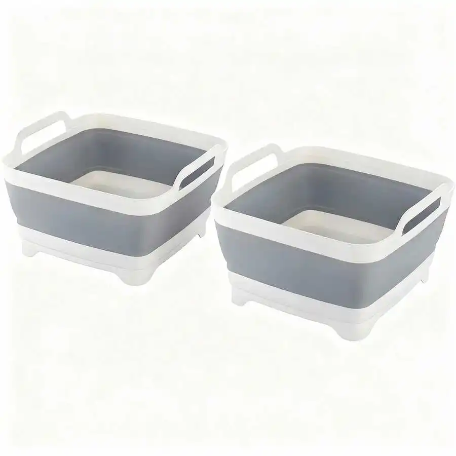 2PC Collapsible Wash Basin 9L, Foldable Dish Tub With Drain Plug, Portable Collapsible Dish Basin, Camping Sink For Washing Dishes, Laundry & Kitchen Use,Gray