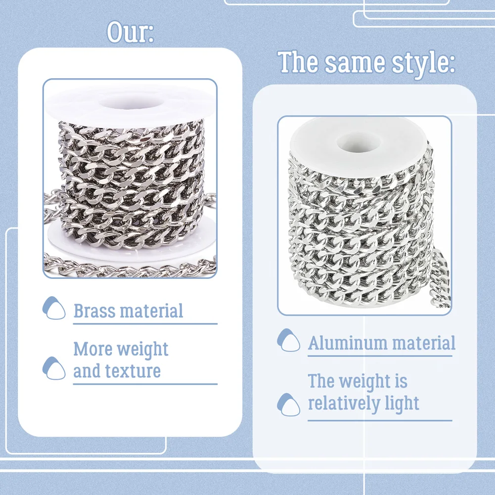 3m 1 Roll Brass Faceted Curb Chains Diamond Cut Chains Unwelded Platinum for Making DIY Jewelry Necklace Bracelet Bag Chain