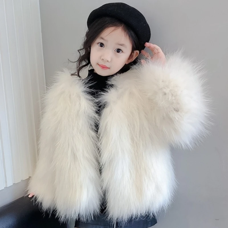 

Children Faux Fox Fur Coats Solid Jackets Round Neck Long Sleeves Coverd Button Thick Warm Fur Loose Casual 2025 Autumn Winter
