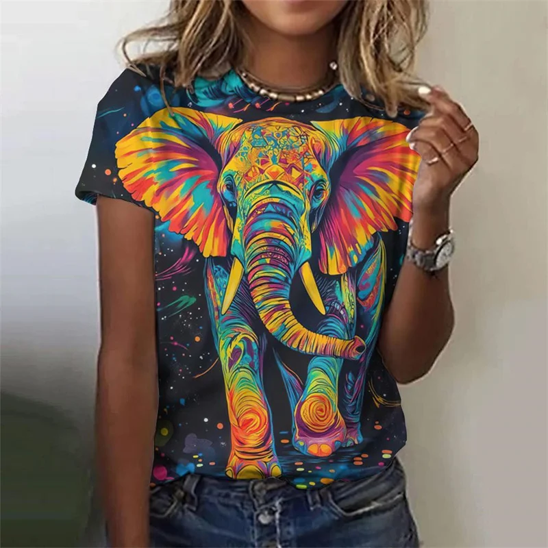 Vintage Elephant Pattern T Shirt For Women Funny Animal 3D Printed Short Sleeves Summer Leisure Tees Round Neck Tops T-Shirts