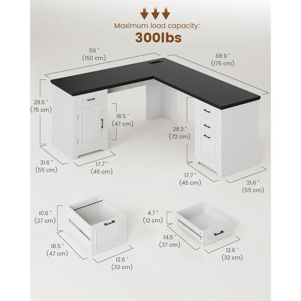 Itaar Farmhouse Executive L Shaped Desk, Home Office Desk with File Drawer and Power Outlet, Computer Corner Desk with Drawers