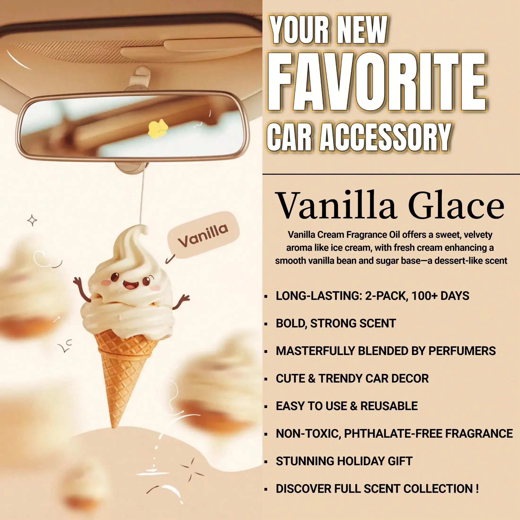 Vanilla Car Air Freshener Diffuser, 4-Pack Long-Lasting Hanging Fragrance Oil Diffusers, Essential Oil Aromatherapy Car Perfume, Car Mirror Hanging Accessories, Car Scent Diffuser, Auto Air Freshener, Women Car Accessories & Birthday Gifts