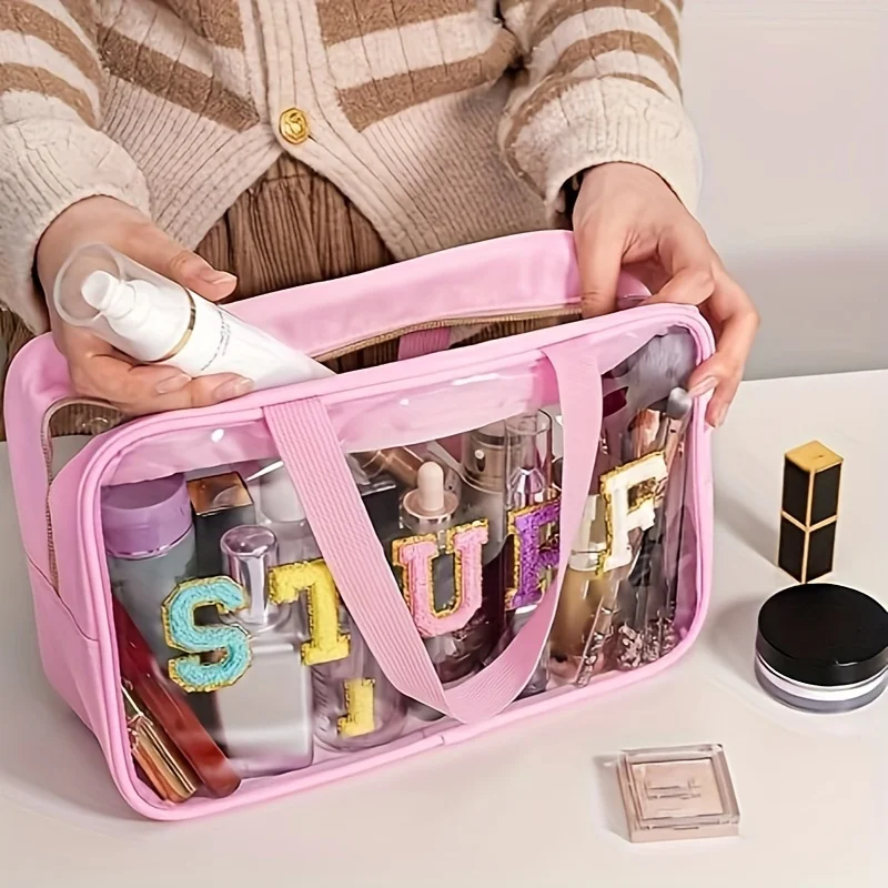 Clear Makeup Bag With Letter Patch Decor, Travel  Clear Zipper Pouch With Handles, Chenille Waterproof Travel Toiletry Bag For W