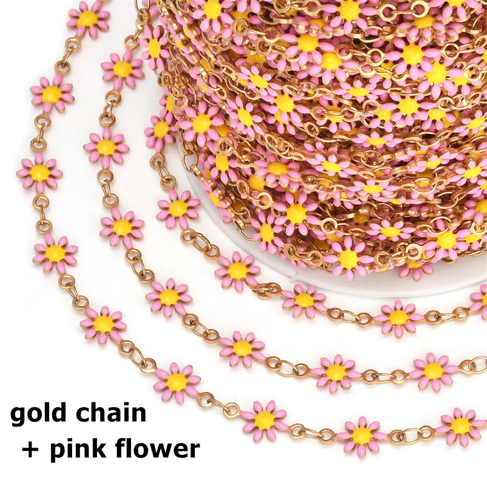 1/10 Meter Edelstahl-Emaille-Kette mit niedlichen Gänseblümchen, vergoldete Gliederkette für DIY-Armbänder, Halsketten und Schmuckzubehör für Frauen – Detail 4