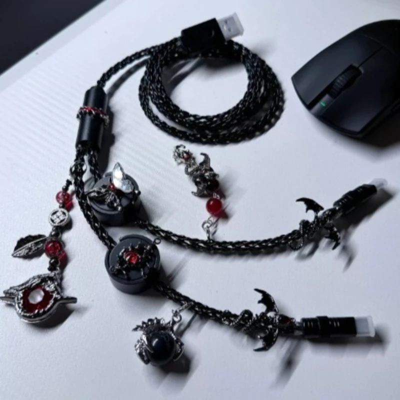 Black Red Aviator Y-cable Custom Single Crystal Copper 1.3m 8K Return Rate Handmade 2-in-1 Data Cable for Keyboard Accessories