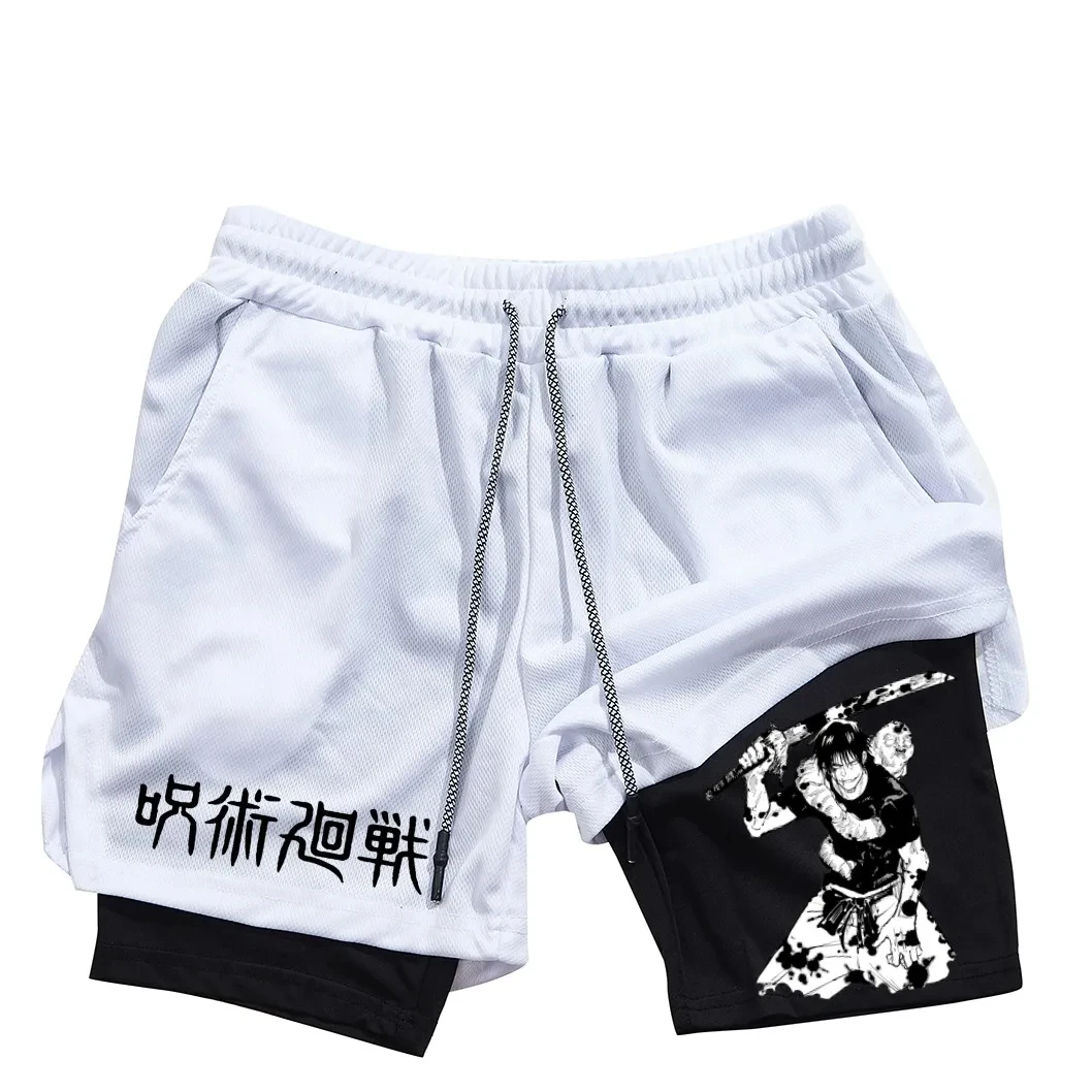 Japan Anime Performance Printed Shorts Men Casual Sports Compression Shorts Workout Running Mesh 2 in 1 Sport Short Pants Summer