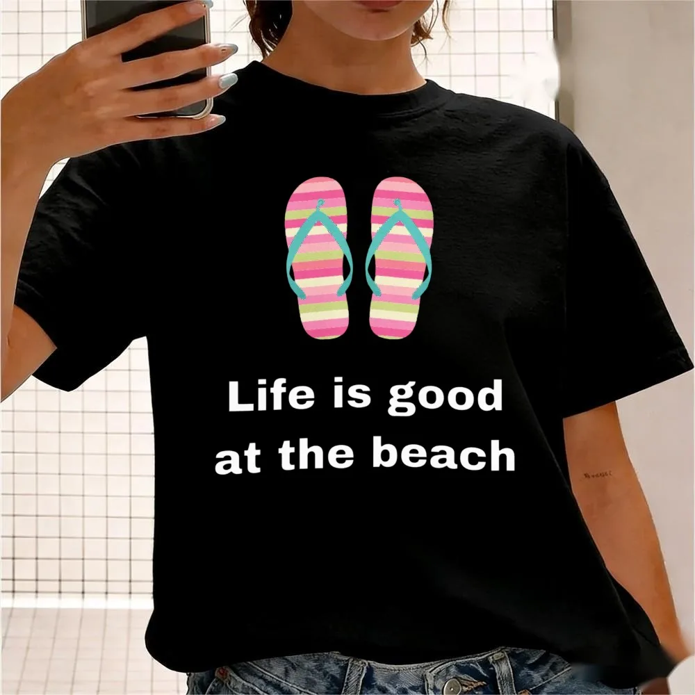 Life Good At The Beach Flip Flop Graphic T-Shirt Preppy Coastal Vibe Print Shirt Summer Vacation Casual Tee Women Cotton Tops