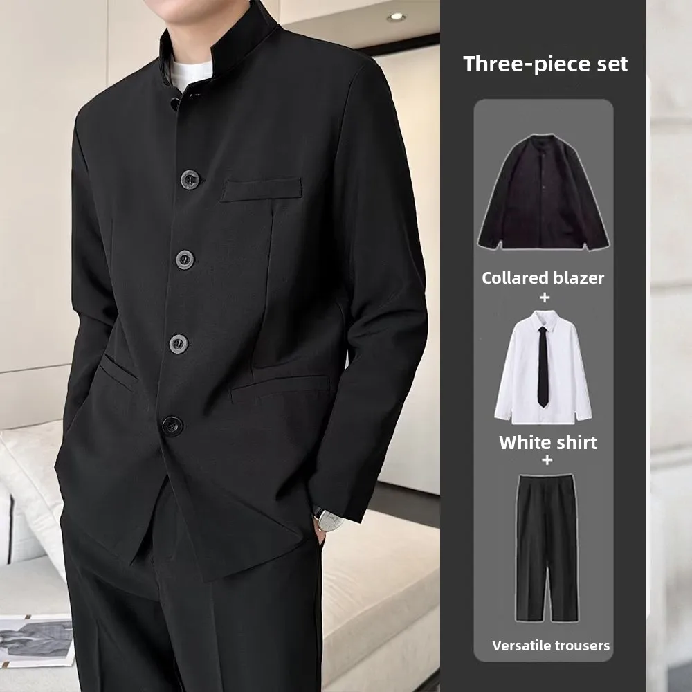 

Новый китайский повседневный мужской костюм в студенческом стиле: пиджак и брюки, с воротником-стойкой на нескольких пуговицах