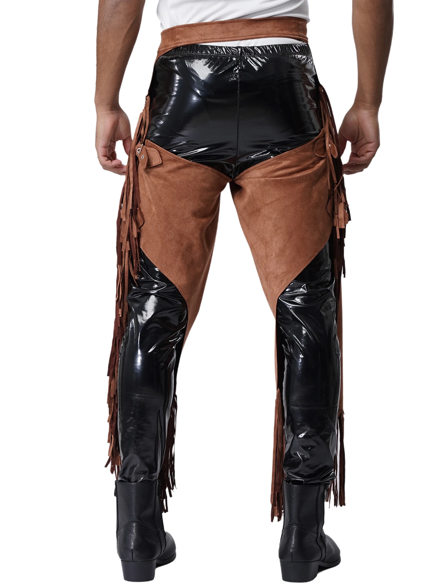 Men Cowboy Vest And Chaps Combo with Tassel Details And Wide Leg Design Comfortable Faux Leather Set for Western Themed Parties