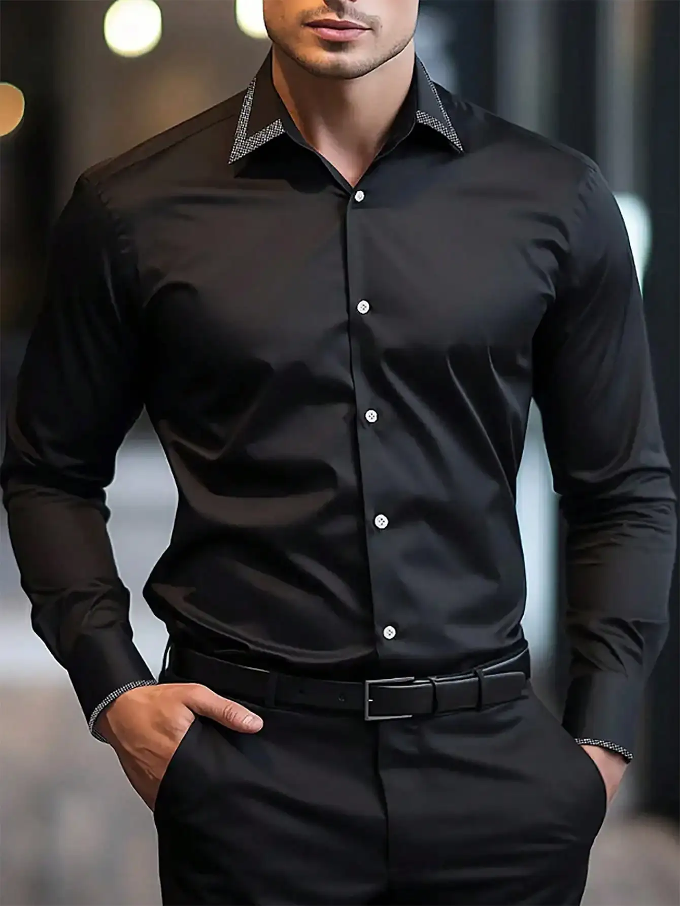 

Men's Slim Fit Black Long Sleeve Button-Up Shirt with Embellished Collar Cuffs