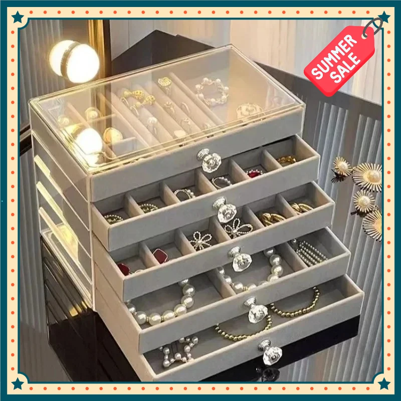

New 5-layer Elegant Gray Jewelry Box, Drawer-style Storage for Earrings and Rings, Large Capacity Anti-Oxidation Jewelry Box