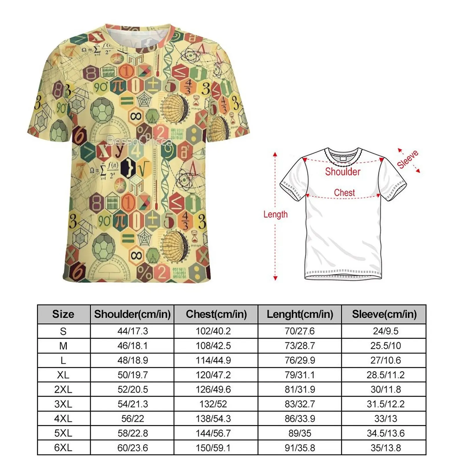 Summer T-Shirt Retro Math Science Tile Print T-Shirts  Y2K Fun Vintage Tee Shirt For Mens Short-Sleeve Pattern Plus Size Clothes