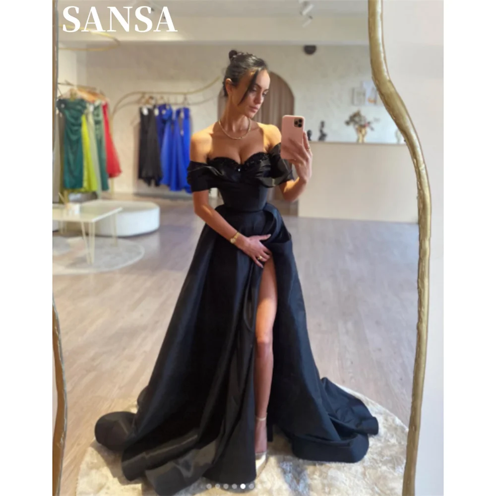 

Sansa Black Heart Shaped Neck Prom Dress 2024 Strapless Satin vestidos de fiesta Sexy Side High Split فستان حفلات الزفاف