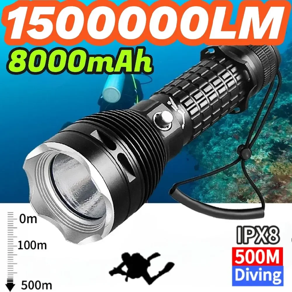 

High Power Diving Flashlight IP68 Highest Waterproof Rating Professional Diving Light Powered by 18650 Battery With Hand Rope