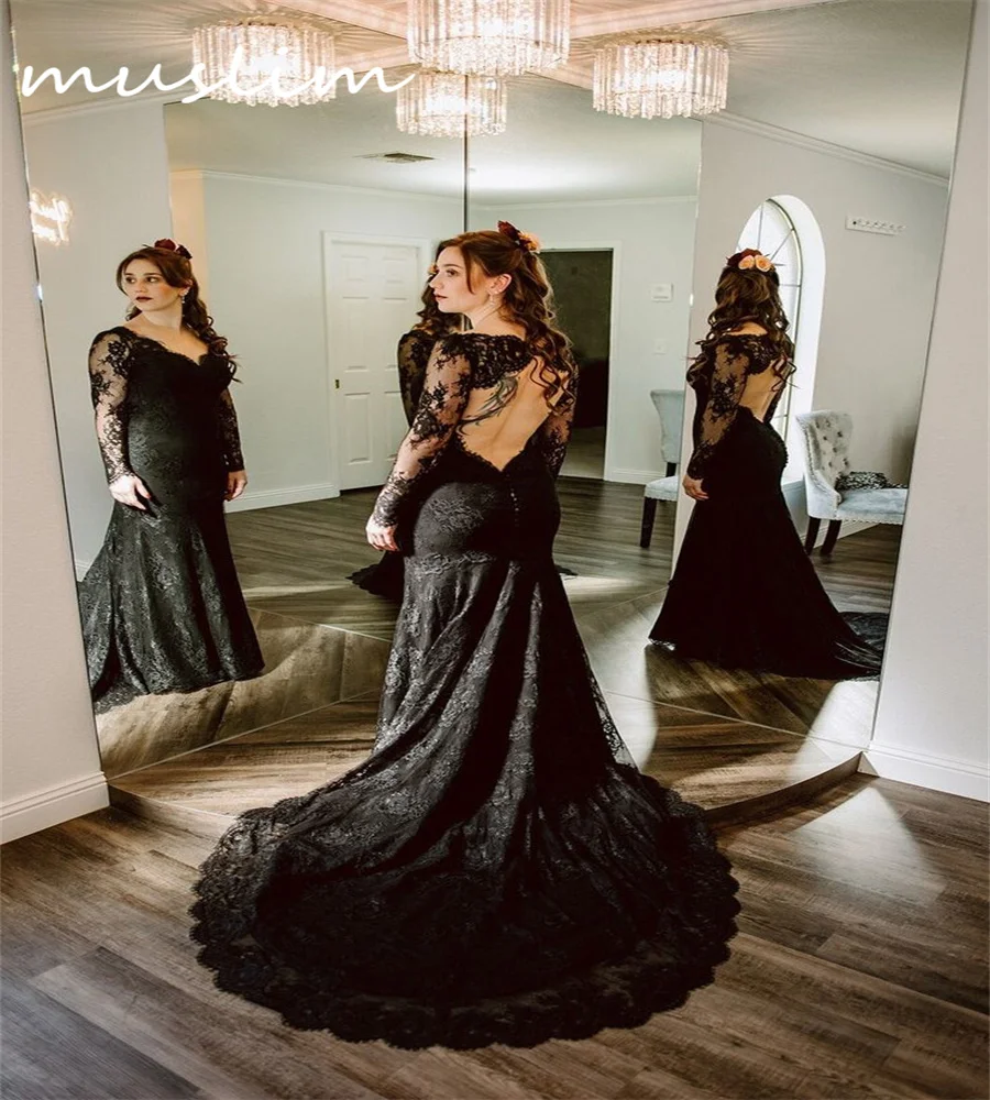 

Vintage Black Gothic Wedding Dress 2024 V Neck Long Sleeve Mermaid Halloween Bridal Dress Open Back Full Lace Boho Country Bride