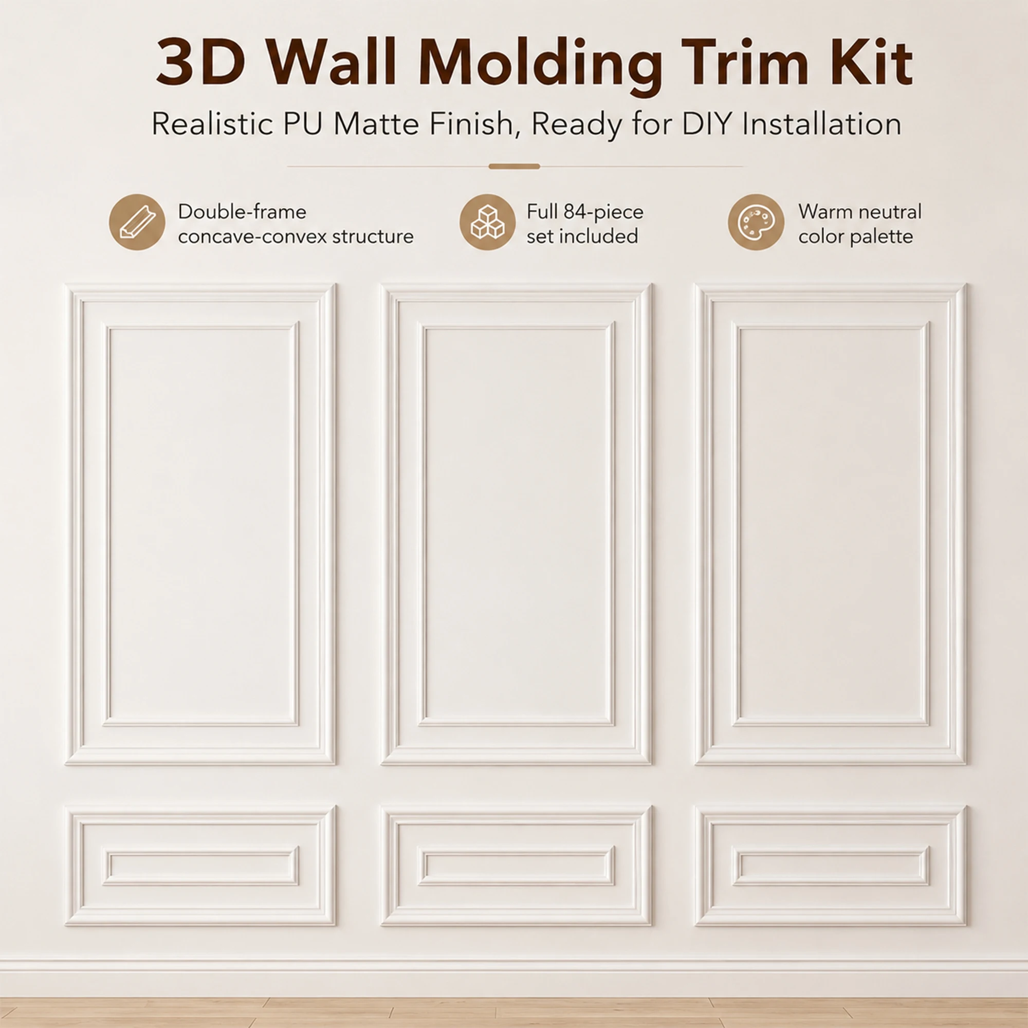 Wall Molding Kit 3 Sets Pre-Cut Wall Trim Accent Molding Kit, Premade Wainscoting Panels Inner and Outer Layer Style 48x70 Inch, Ready-to-Assemble Wall Decor Frame Set for Living Room Bedroom Study Home Office Apartment