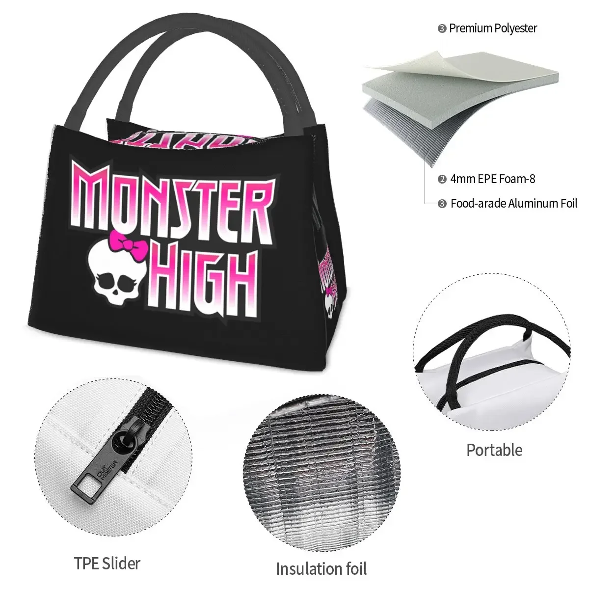 Monster High Doll Pretty Pink Pattern Lunch Bags isolato Bento Box Lunch Tote Picnic Bags Cooler Thermal Bag per donna Travel