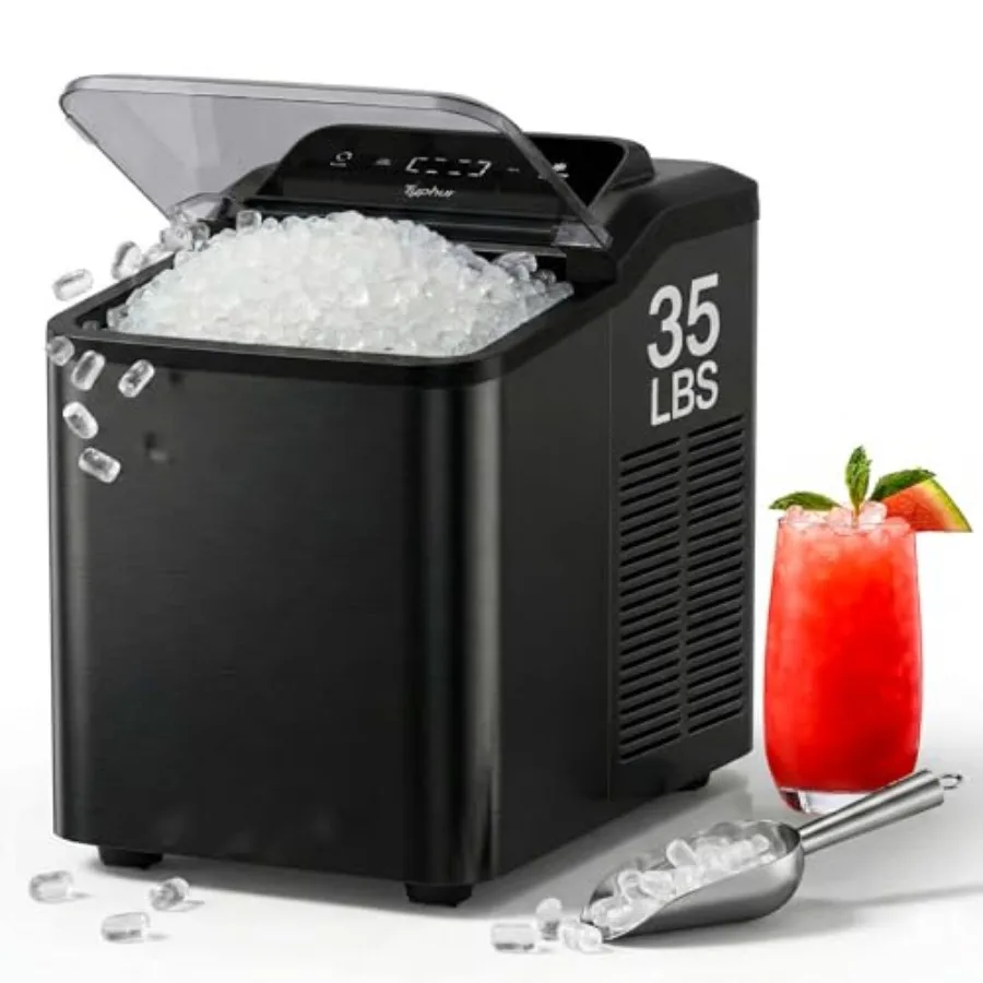 Countertop nugget ice maker for kitchen bar RV outdoor use, black stainless steel, chewable pebble ice, 35lbs/24H output, self-